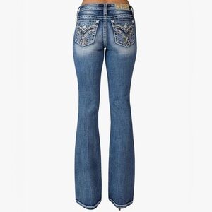 Miss Me Mid-Rise Botanical X Cross Embellished Faux Flap Pockets Boot Cut Sz 26